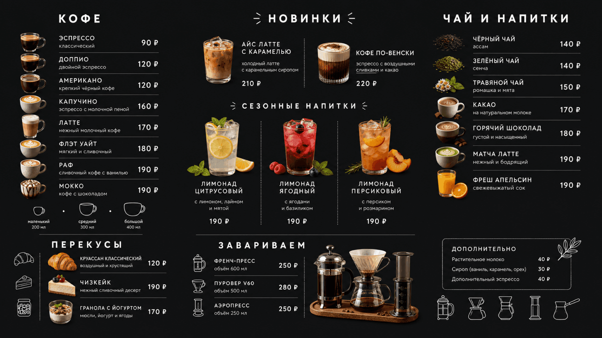 Чёрное меню кофейни, горизонтальная версия 16:9