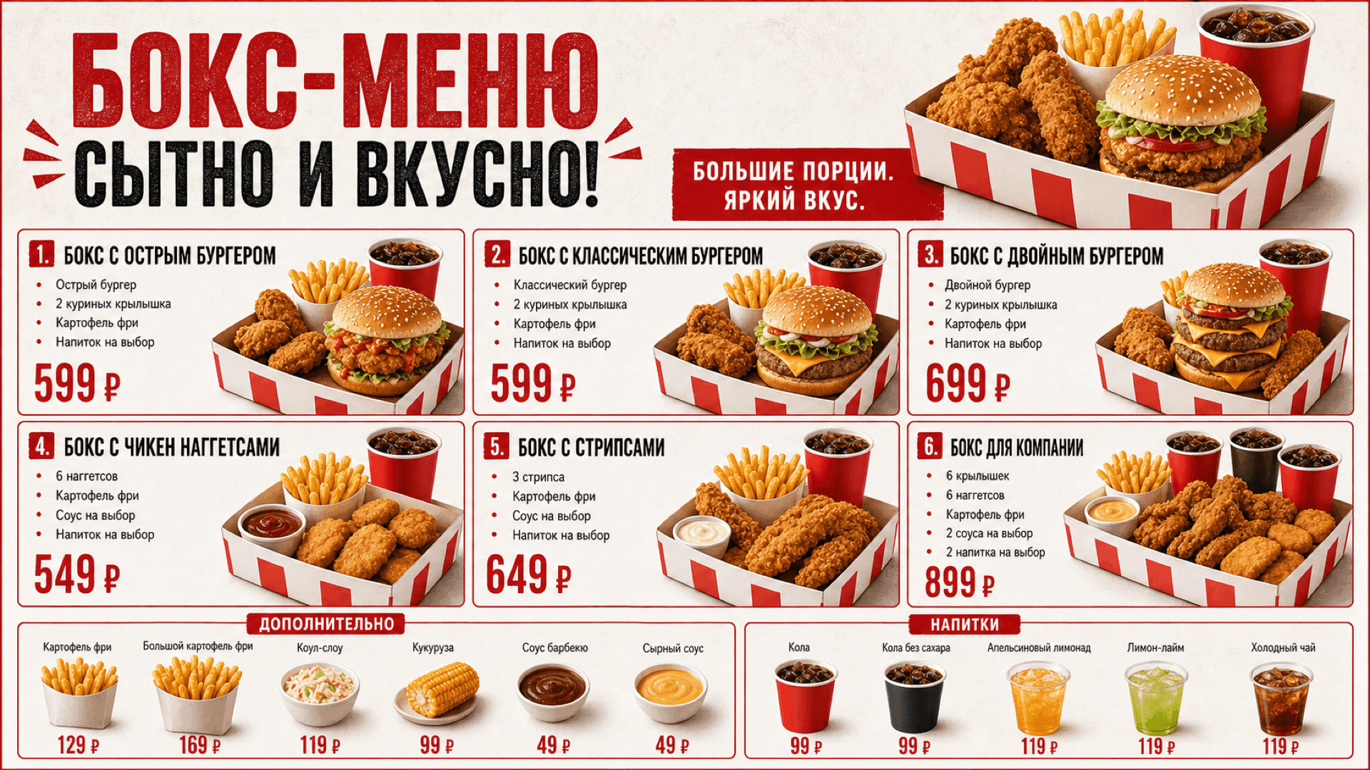 Меню бургерных комбо, горизонтальная версия 16:9