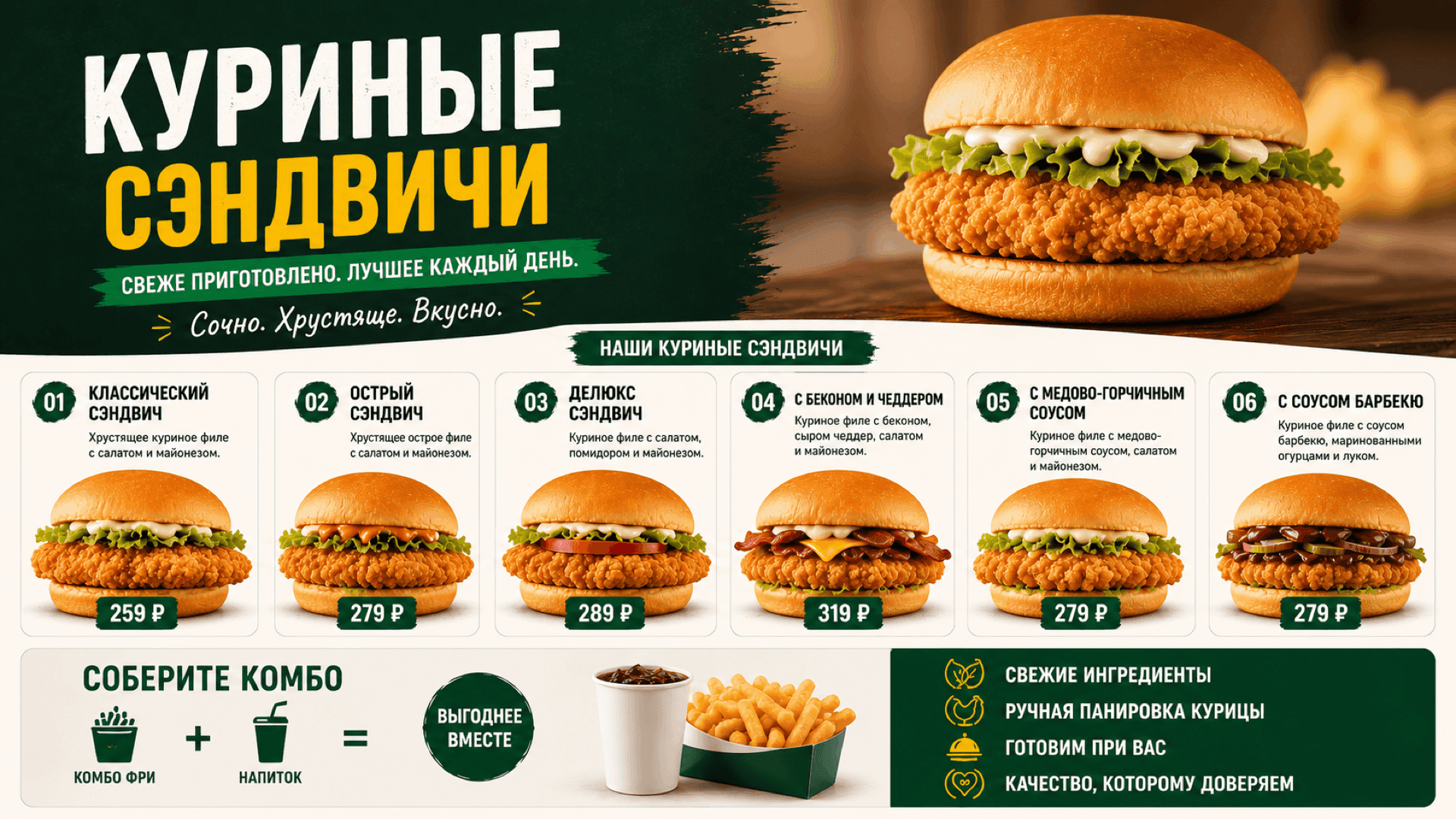 Меню куриных бургеров, горизонтальная версия 16:9
