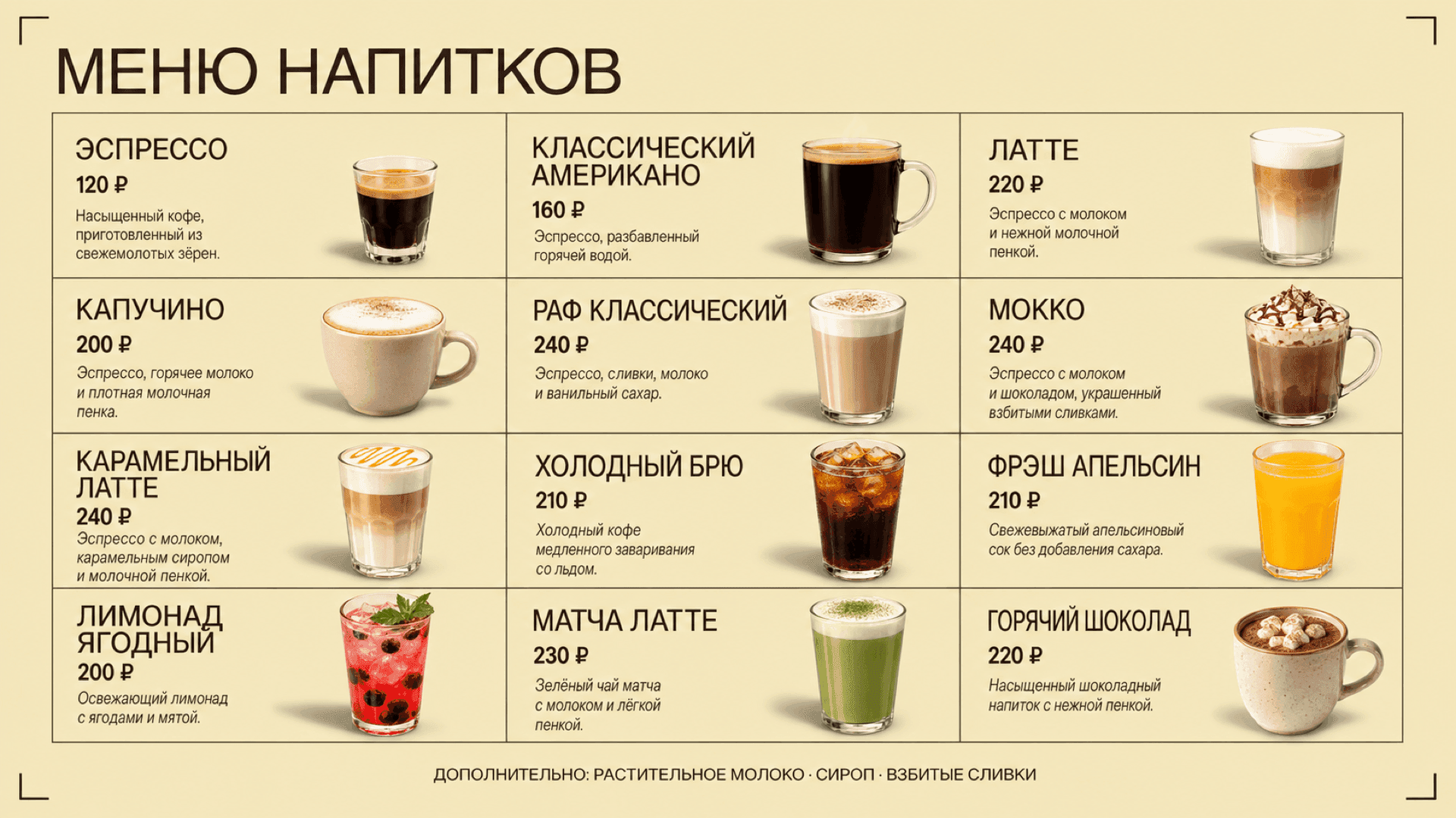 Меню напитков кофейни, горизонтальная версия 16:9