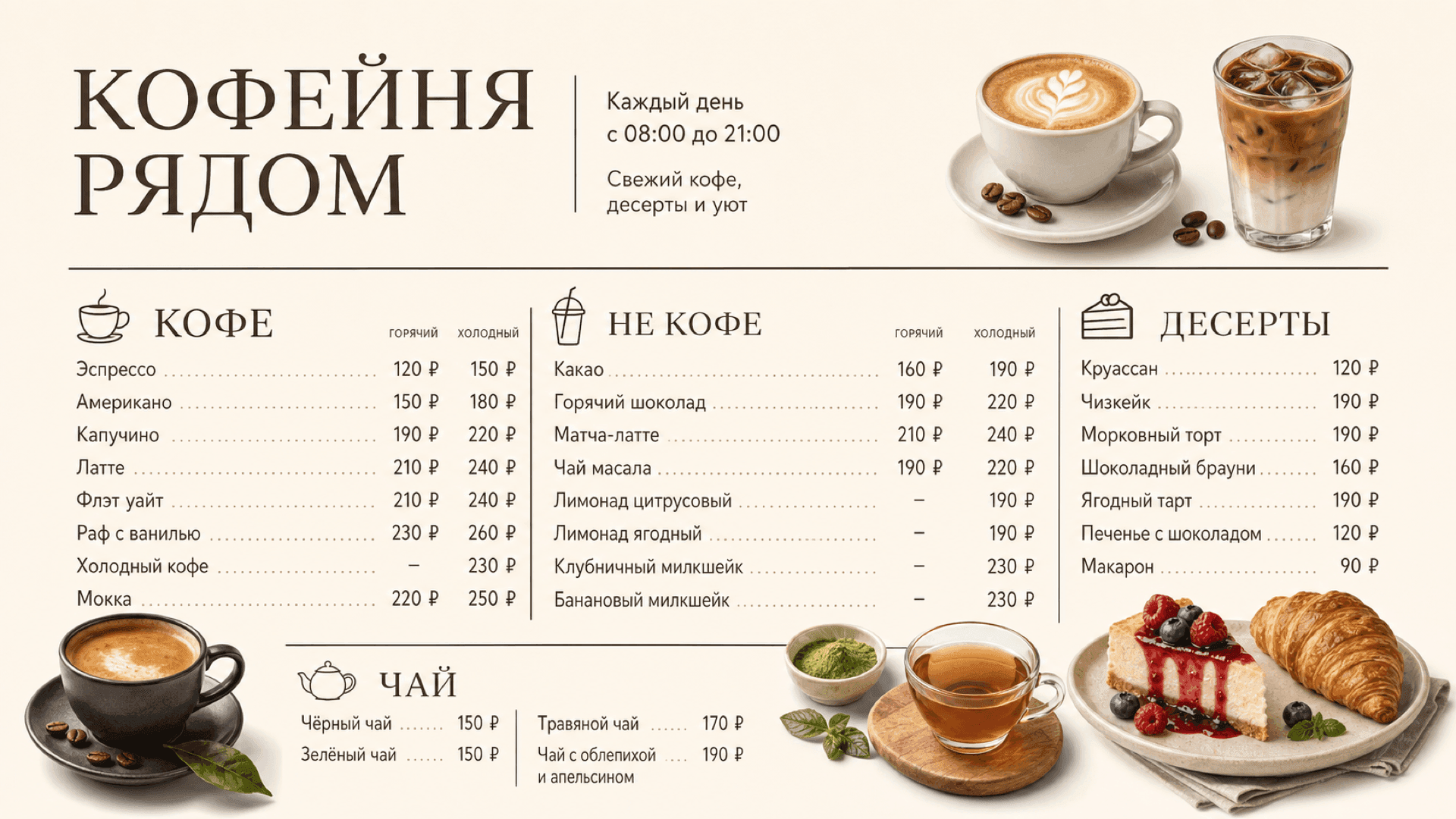 Меню кофейни рядом, горизонтальная версия 16:9