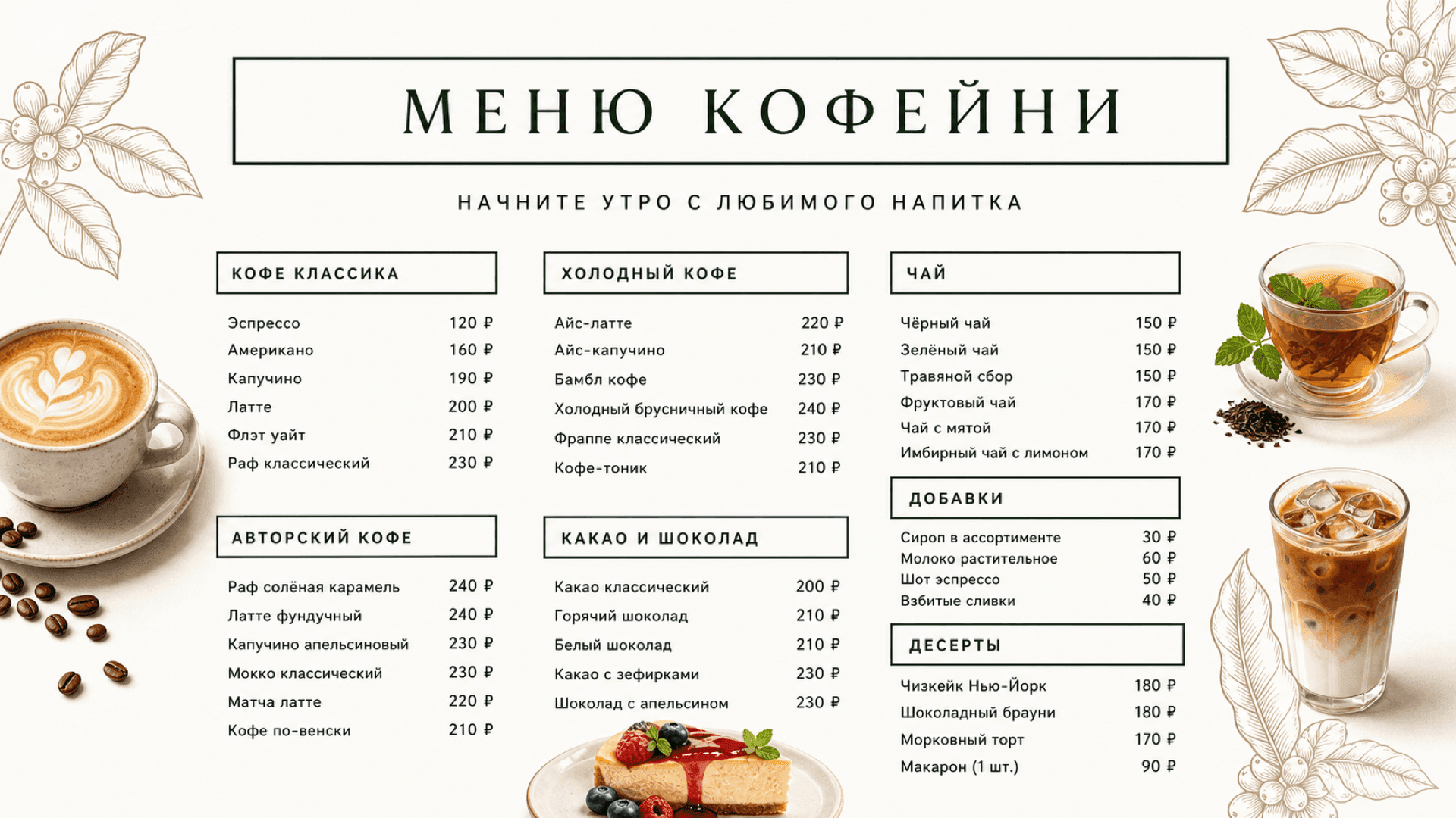 Прайс-лист кофейни, горизонтальная версия 16:9