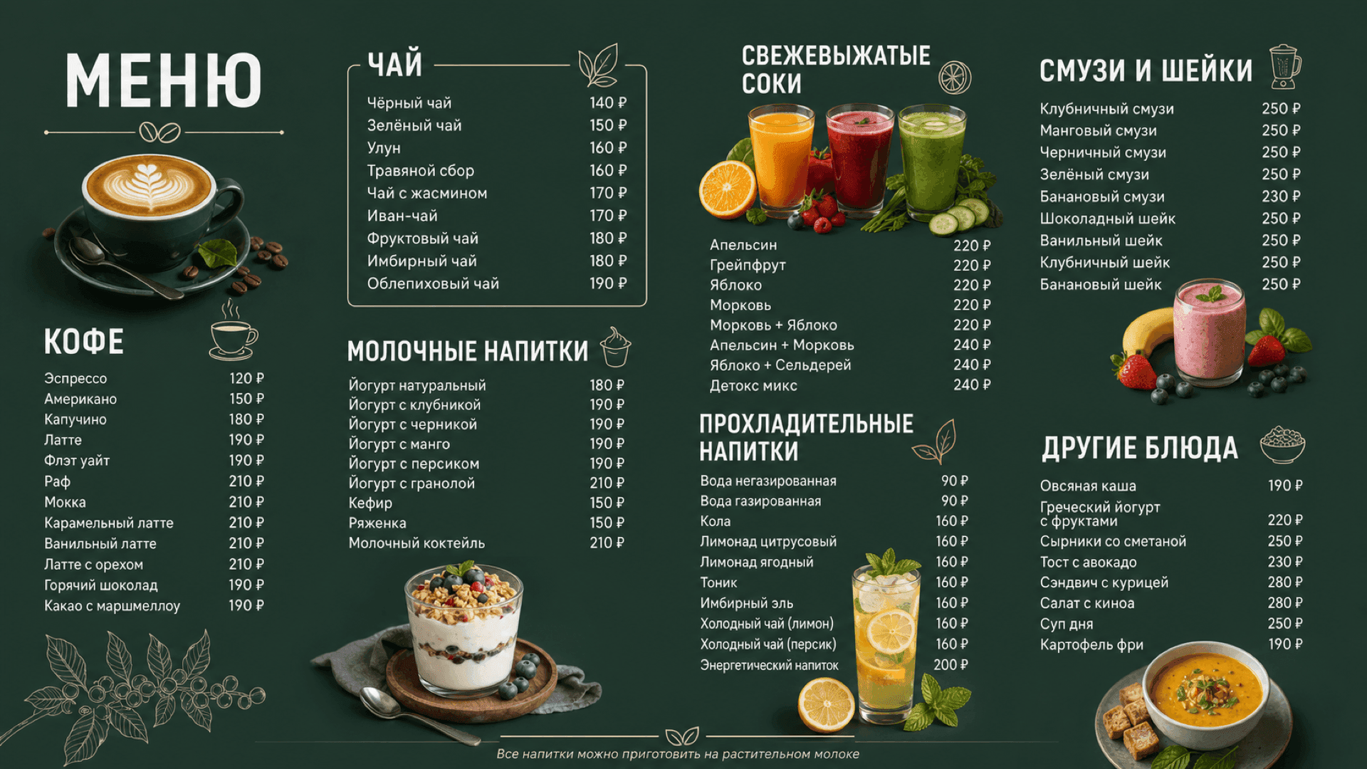Тёмное меню кофейни, горизонтальная версия 16:9