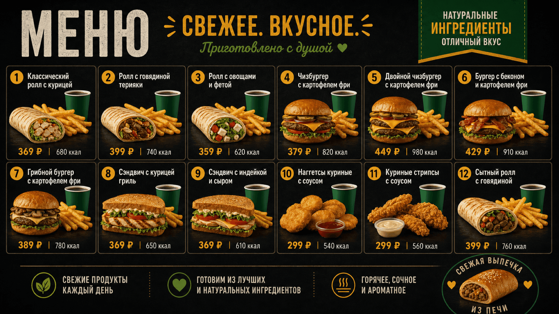 Тёмное меню фастфуда, горизонтальная версия 16:9