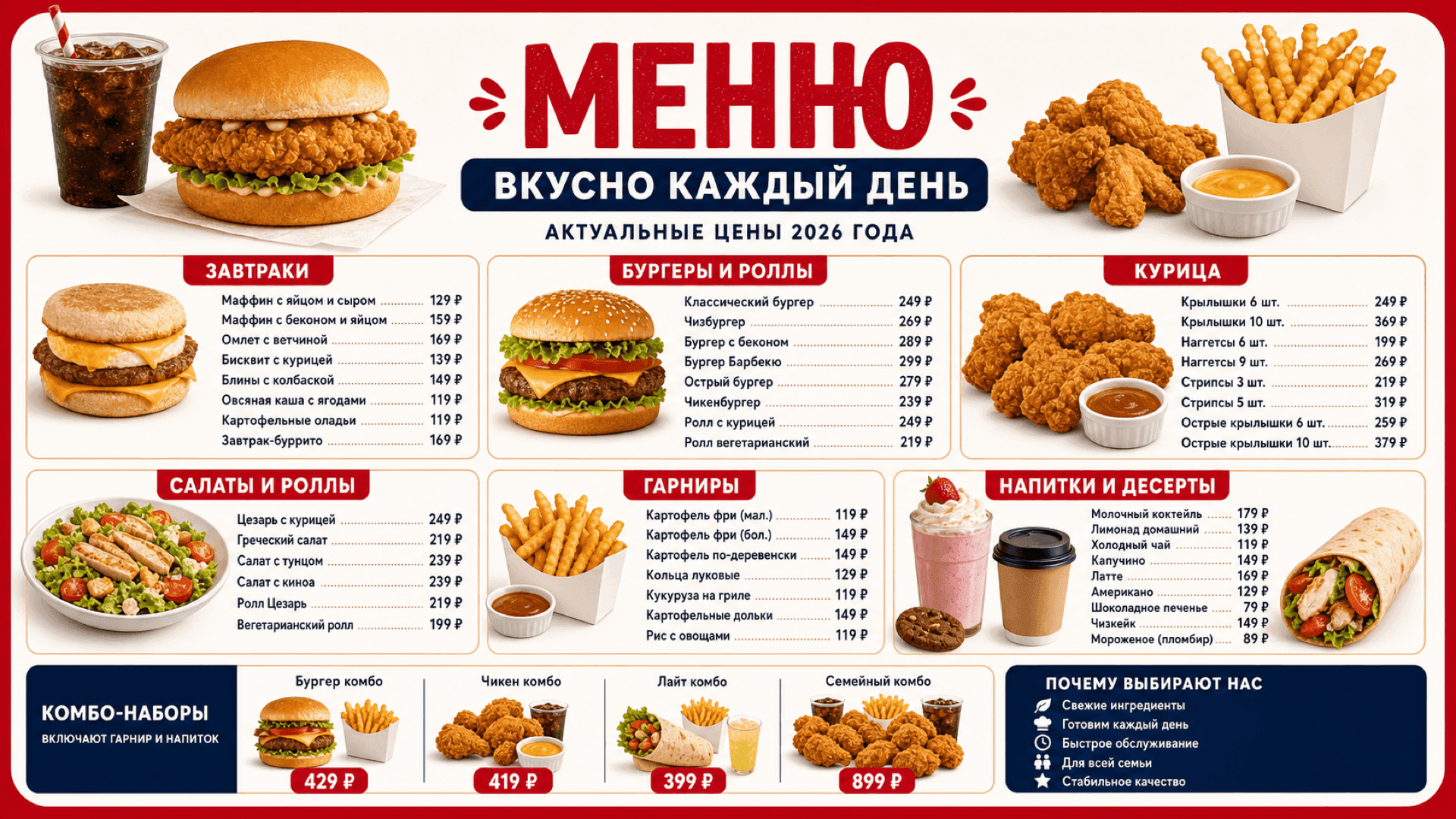 Меню фастфуда, горизонтальная версия 16:9