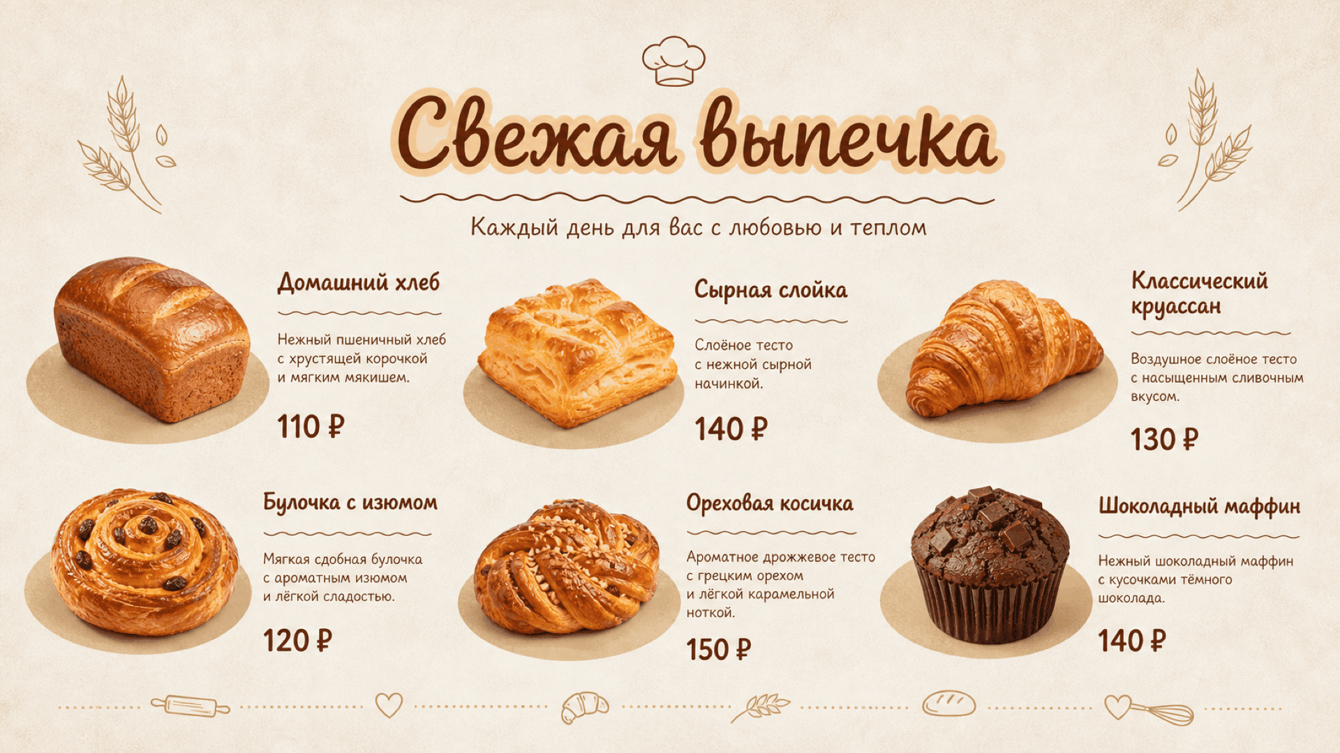 Меню свежей выпечки, горизонтальная версия 16:9