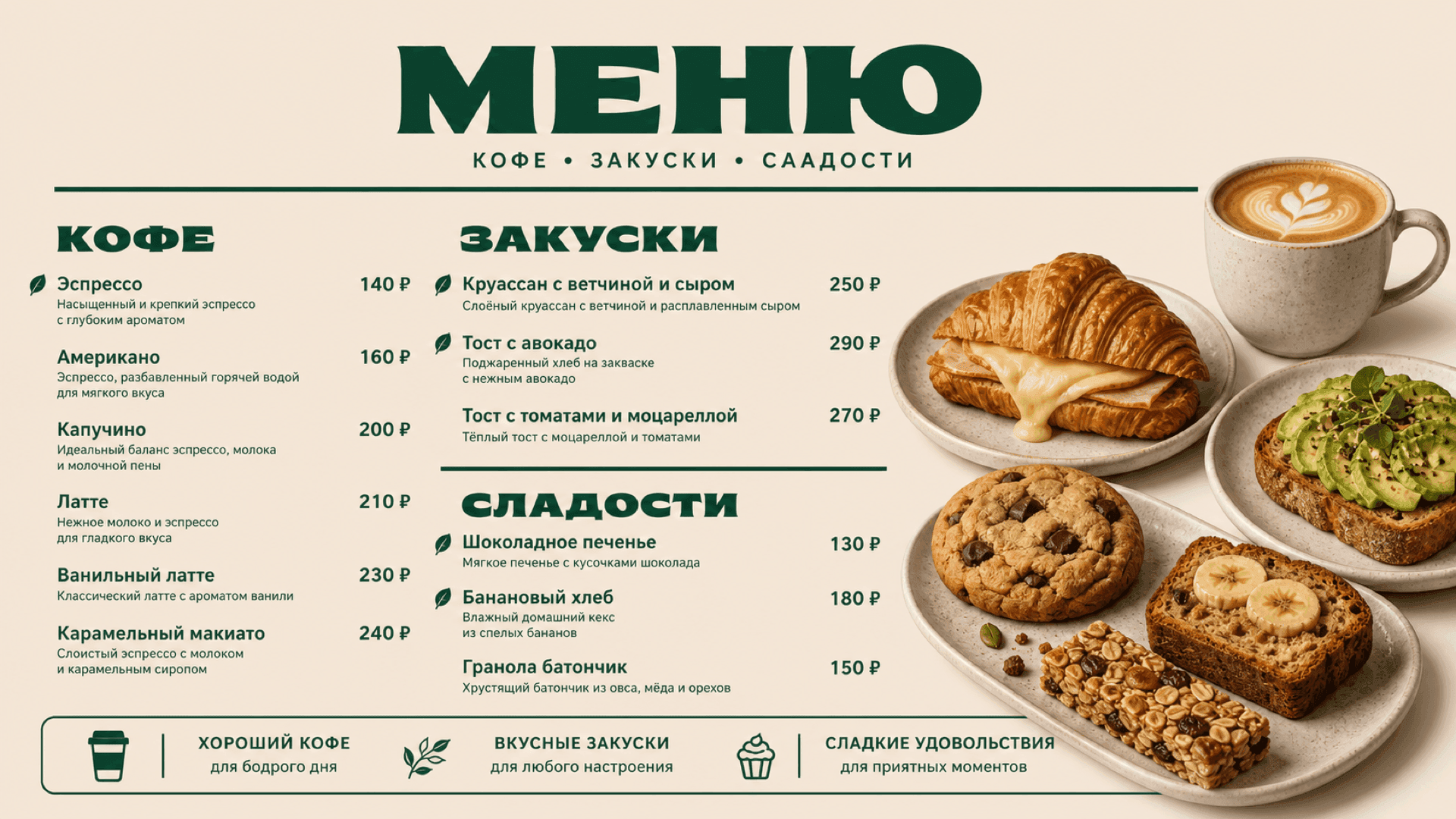 Зелёное меню кафе, горизонтальная версия 16:9