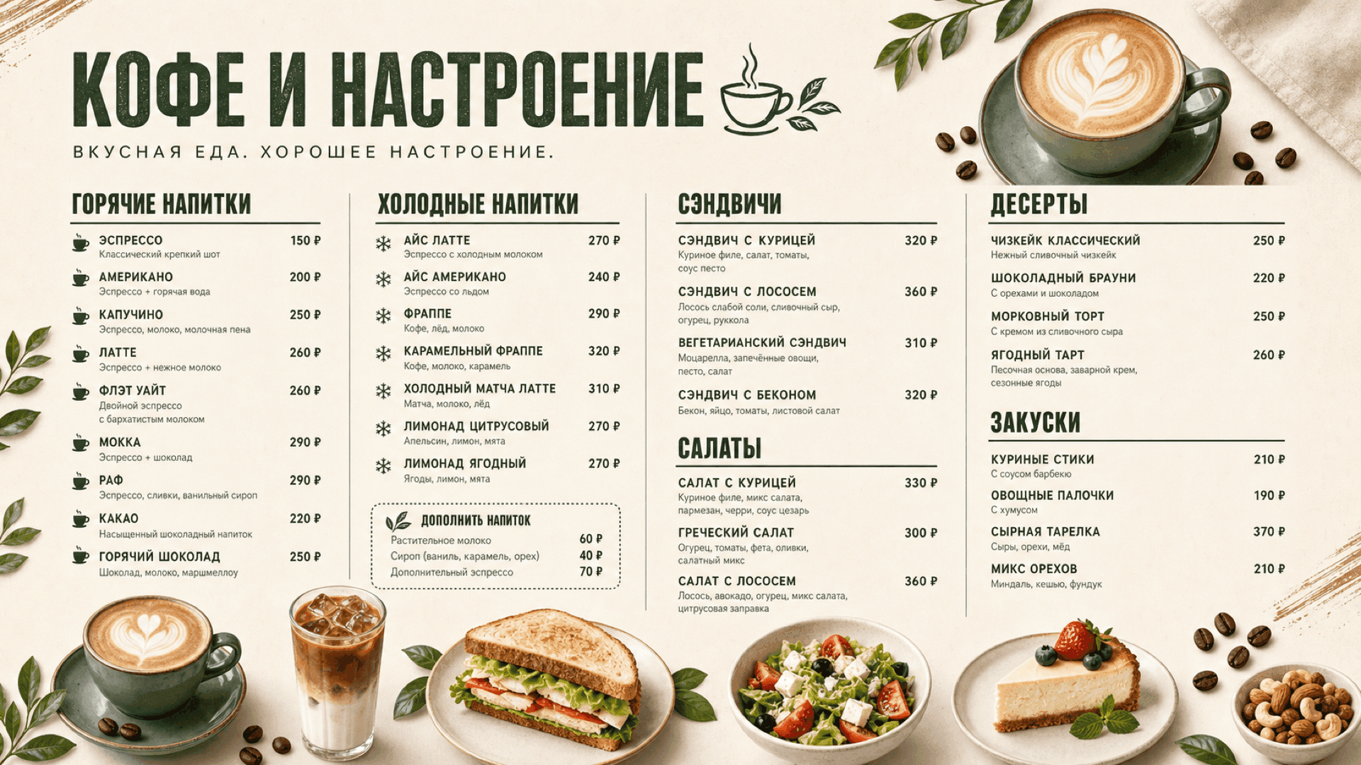 Кофейное меню с травами, горизонтальная версия 16:9