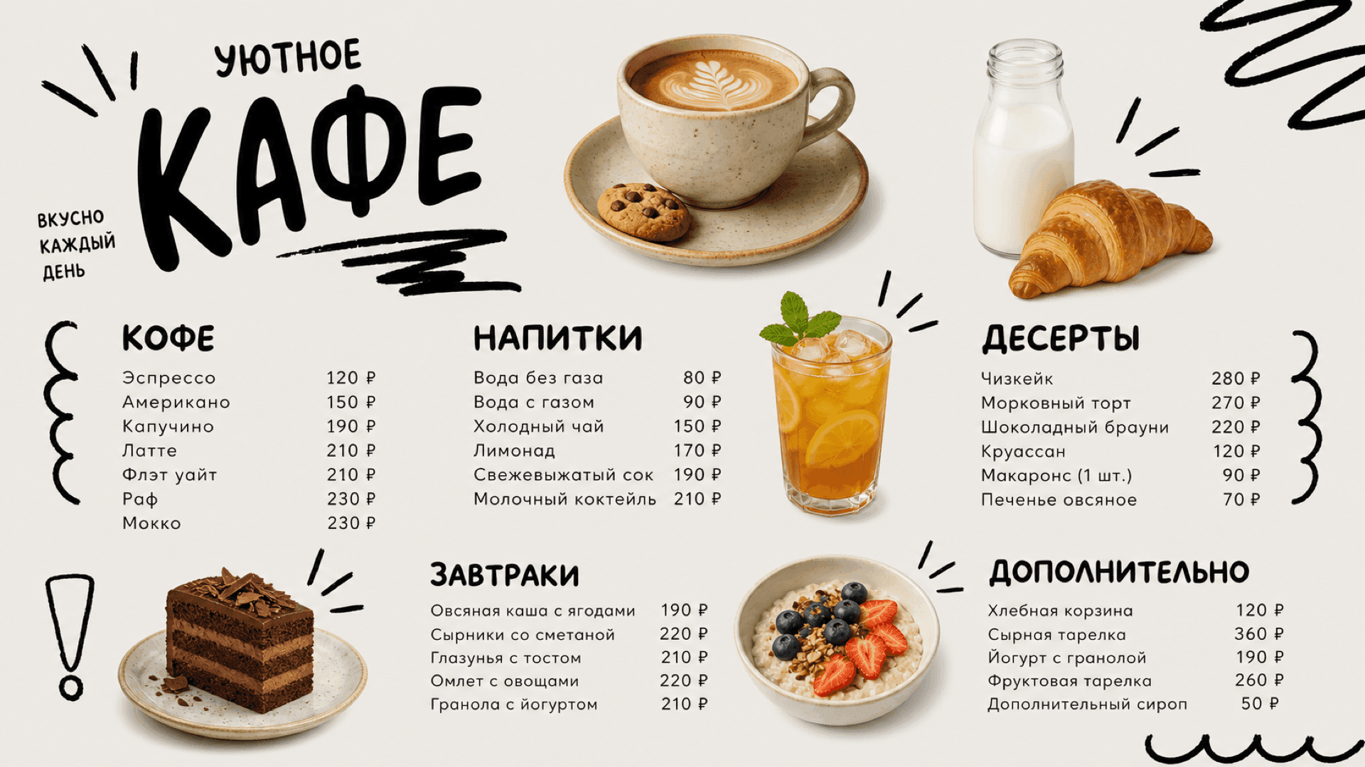 Иллюстративное меню кафе, горизонтальная версия 16:9