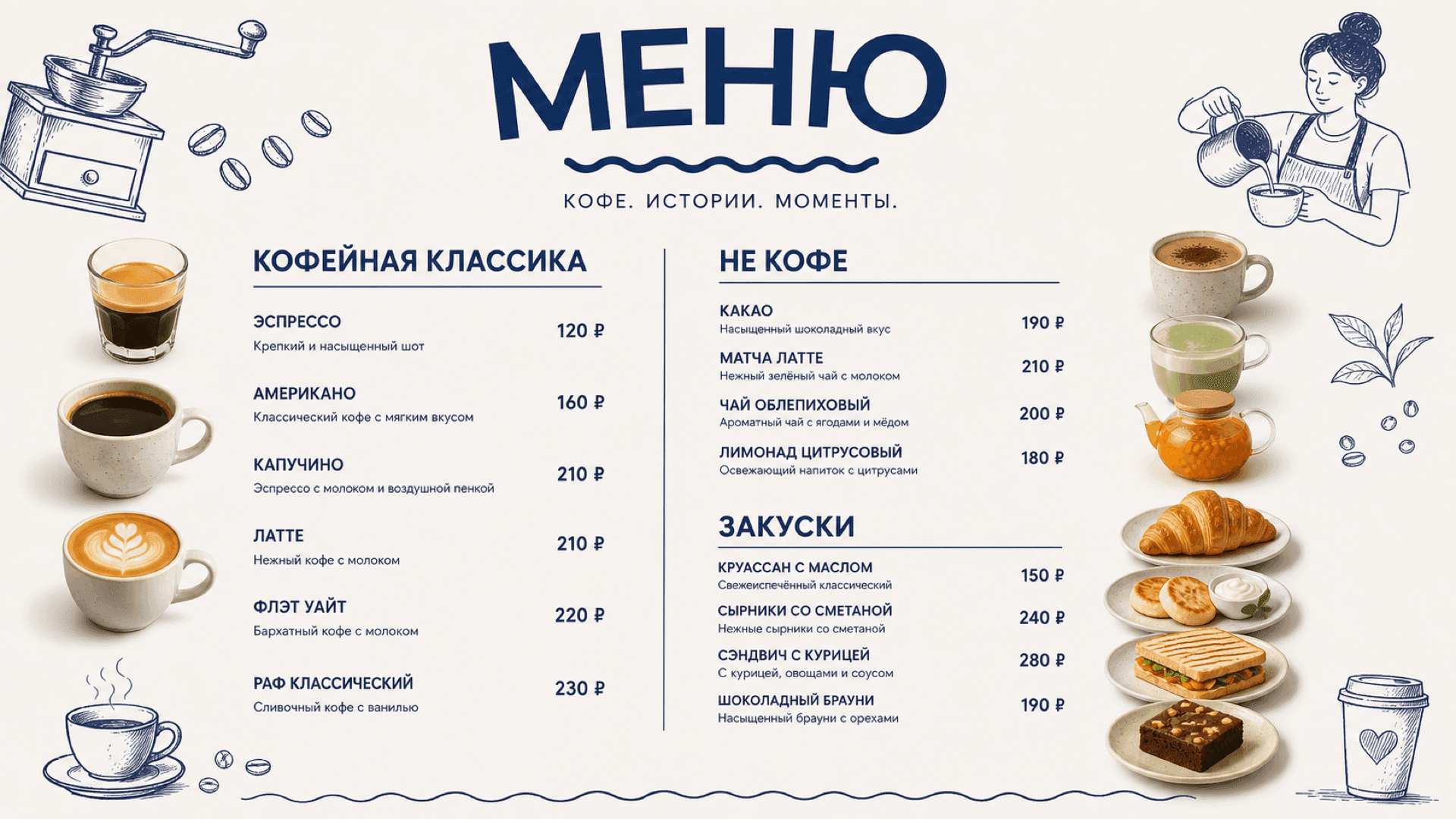 Иллюстративное меню кофейни, горизонтальная версия 16:9