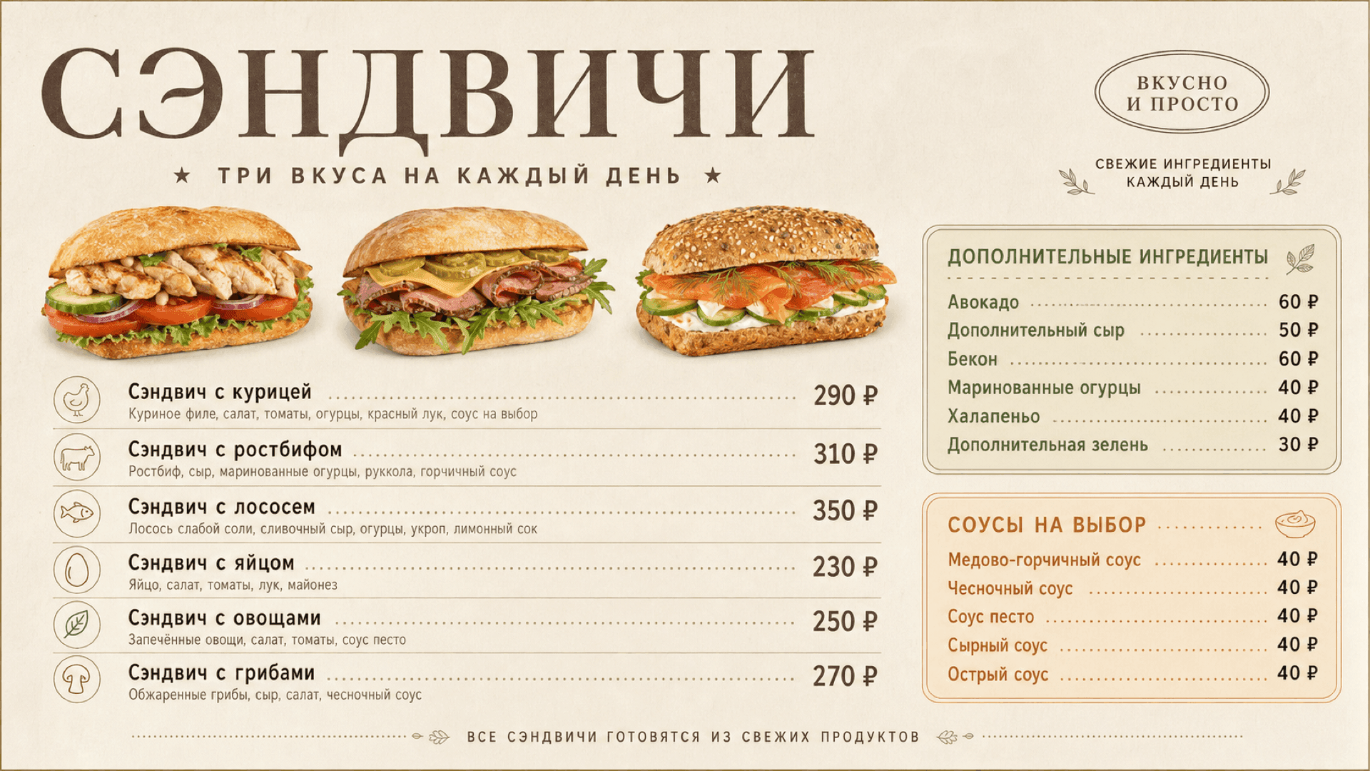 Меню сэндвичей для кафе, горизонтальная версия 16:9