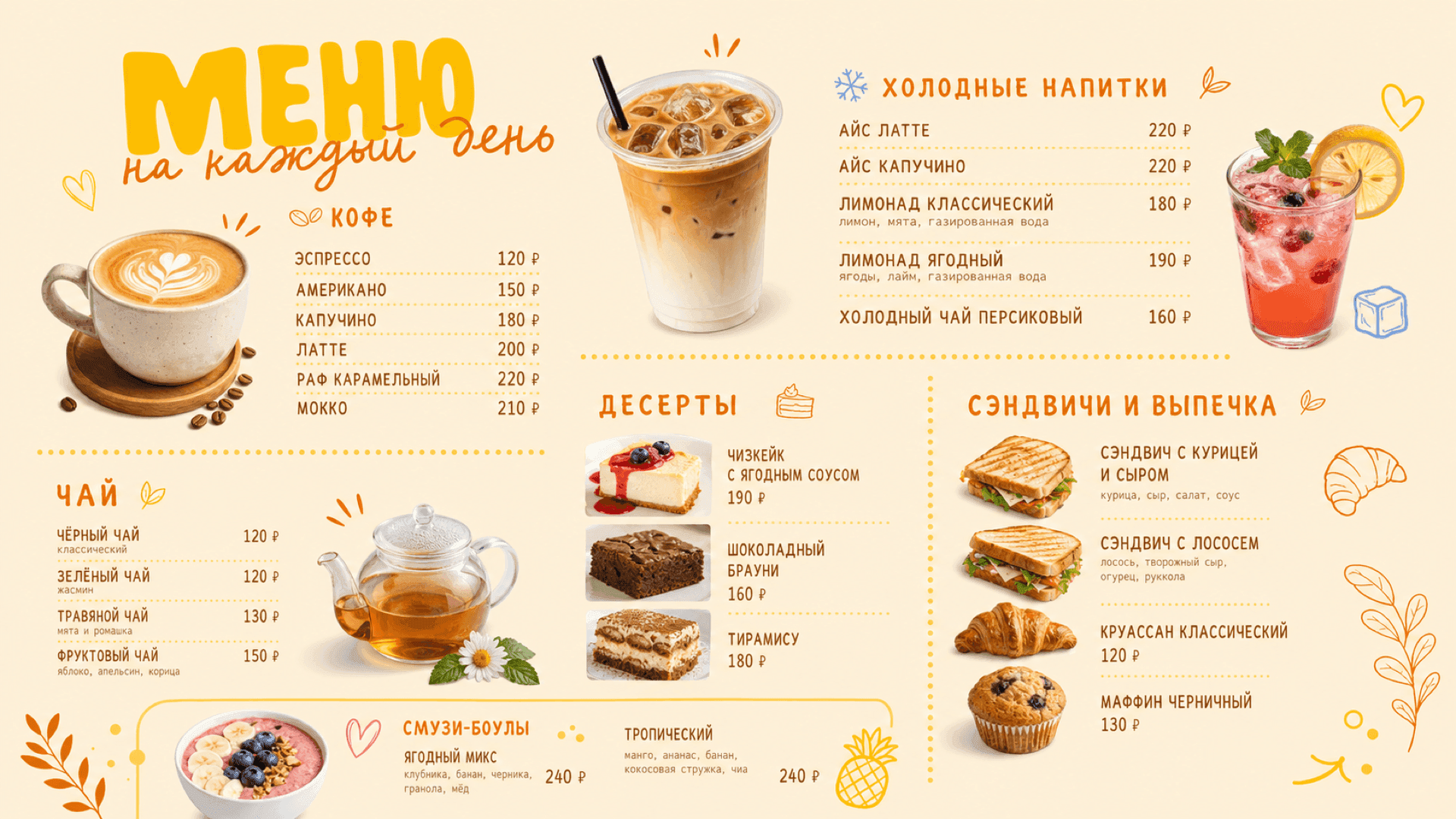 Солнечное меню кофейни, горизонтальная версия 16:9